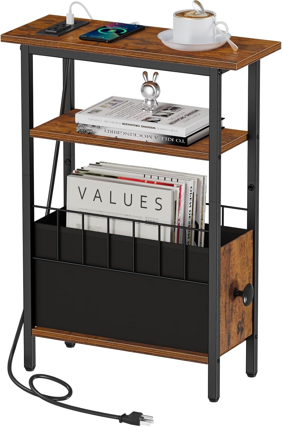 Snughome Narrow Side Table with Charging Station, Slim End Rustic Brown