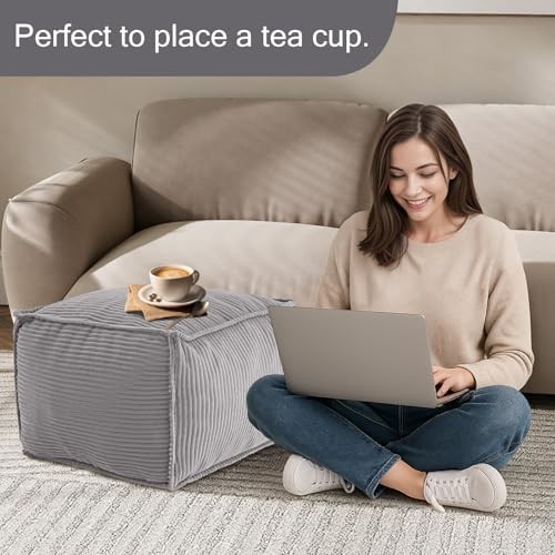 Stuffed Pouf Ottoman Foot Rest, Corduroy Floor Pouf Foot Square Light Grey