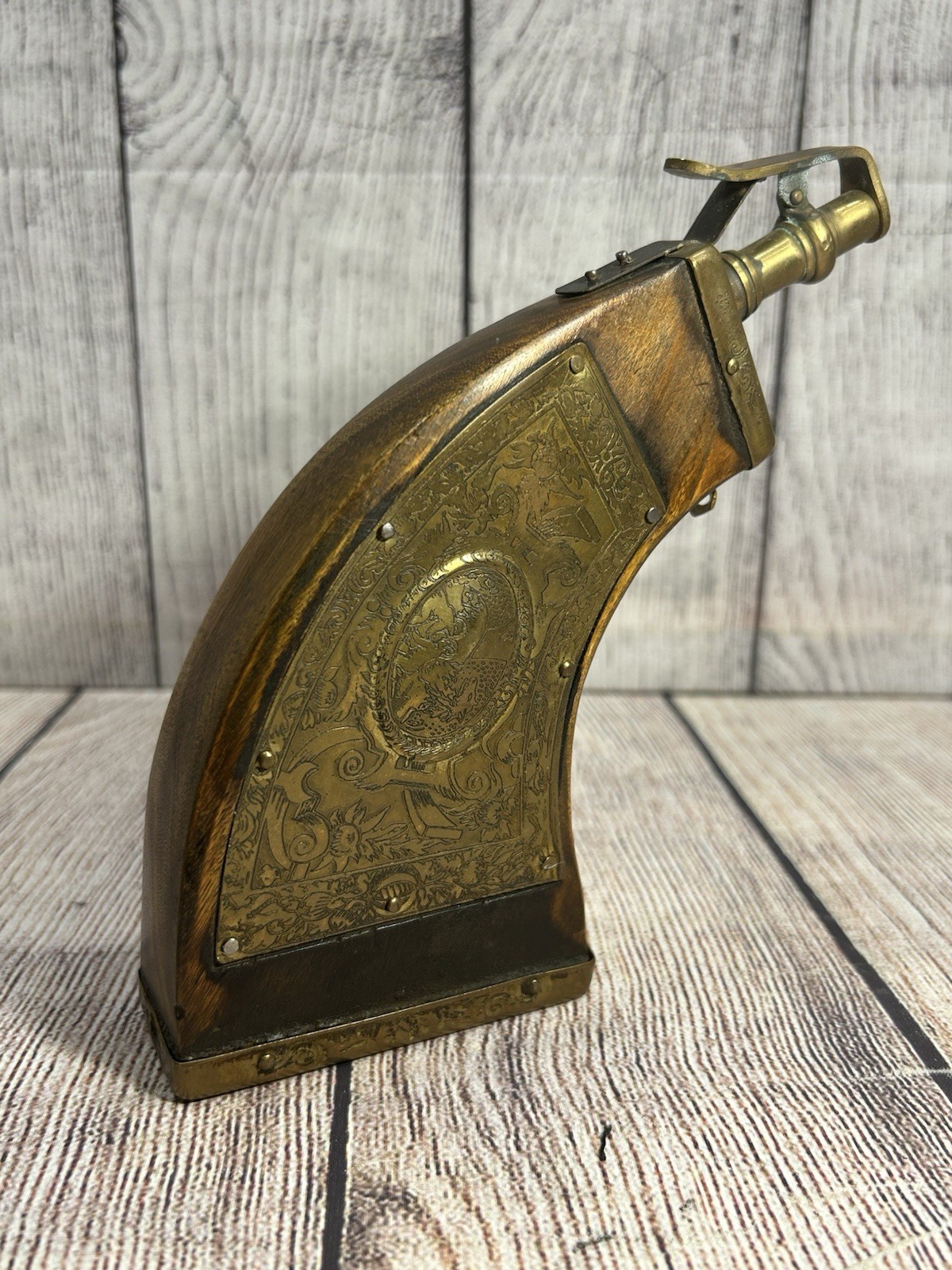 Late 18th–Early 19th C. French Powder Flask – Fancy Design –Brass Ottone Filippo