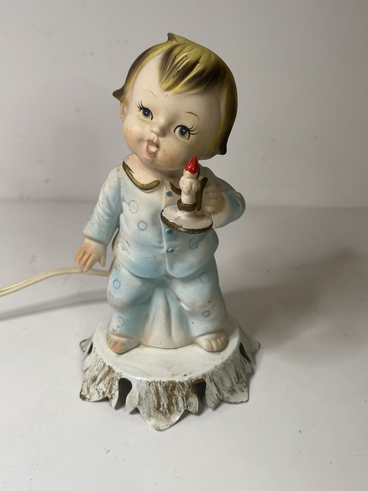 Vintage Ceramic Child Night Light Candle Pajamas Lamp 7" Figurine Light (works)