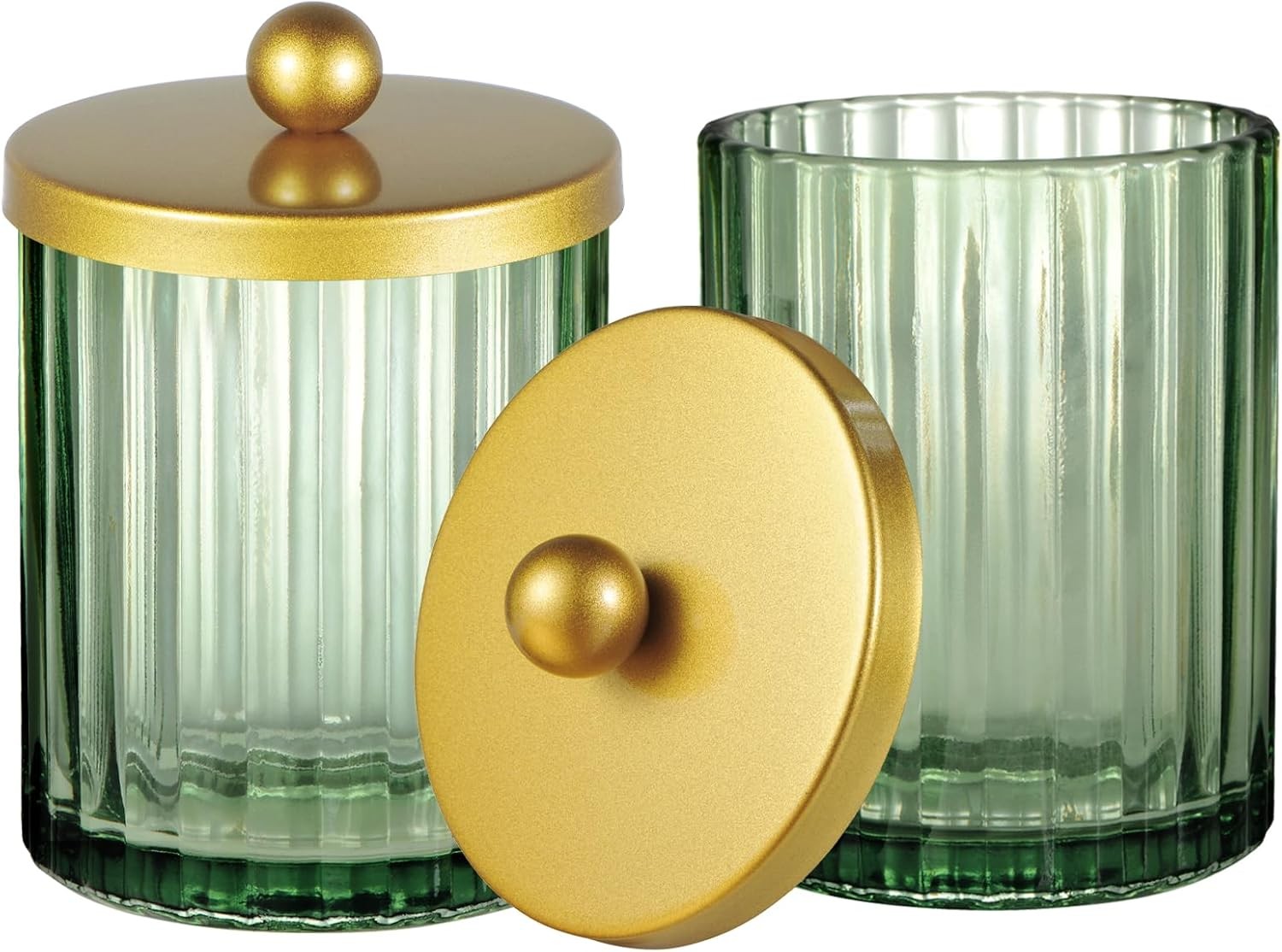 olliar Sa Green Glass Qtip Holder Dispenser, Bathroom Canister