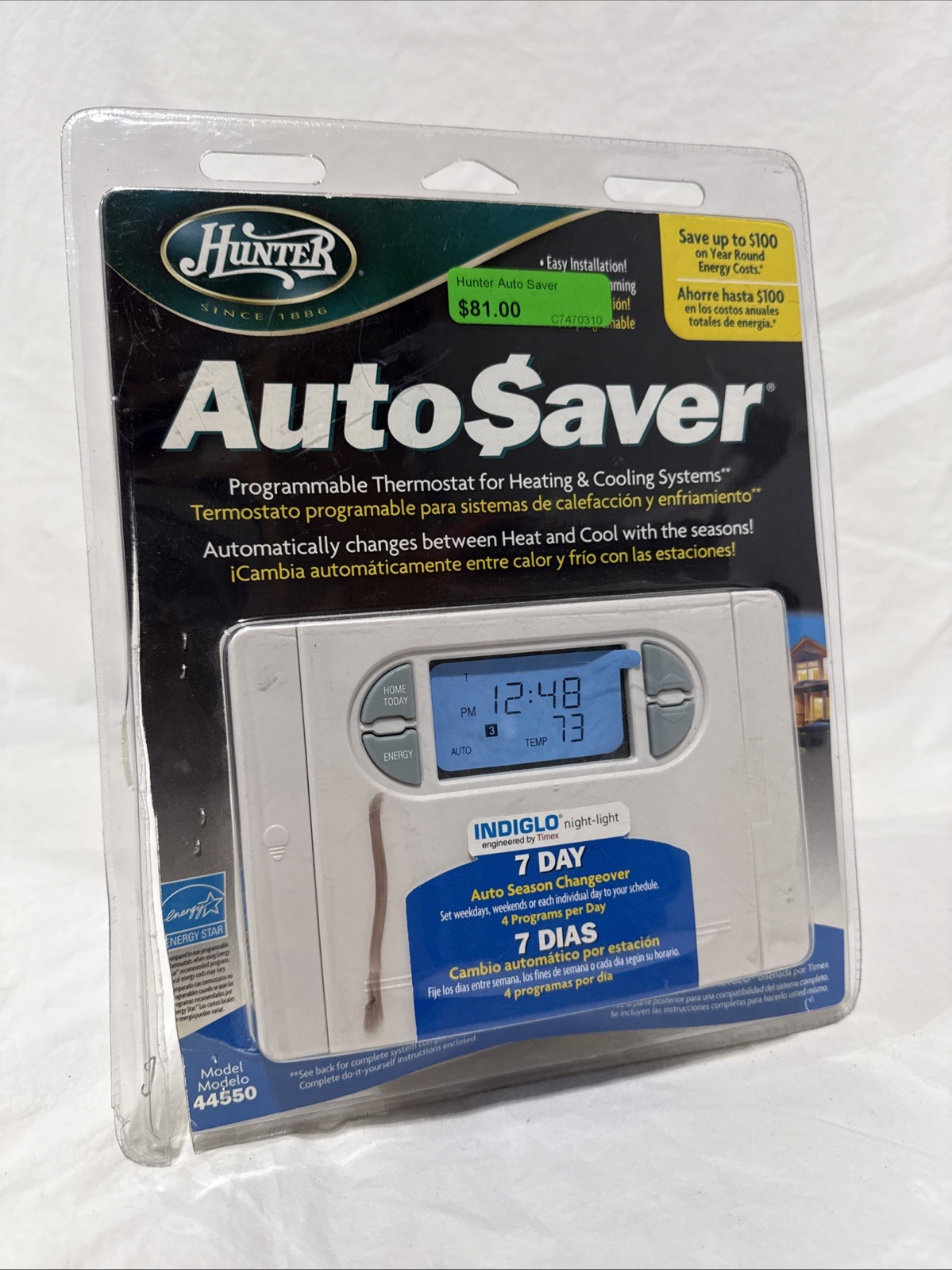 Hunter AutoSaver Model 44550 7 Day Digital Programmable Thermostat Heat Cool New