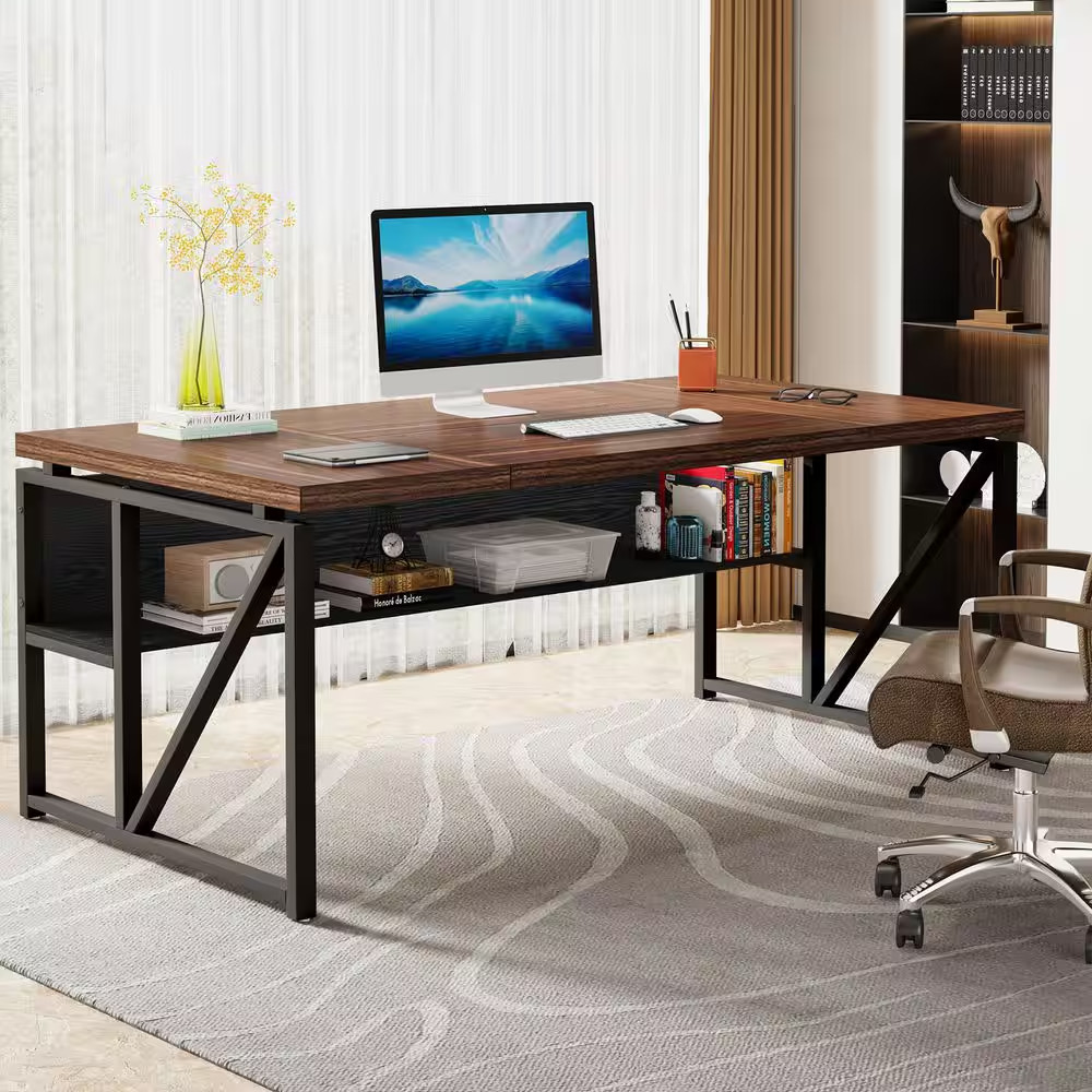 Moronia 62.9 In. Rectangular Deep Brown and Black Engineered Wood Computer Desk
