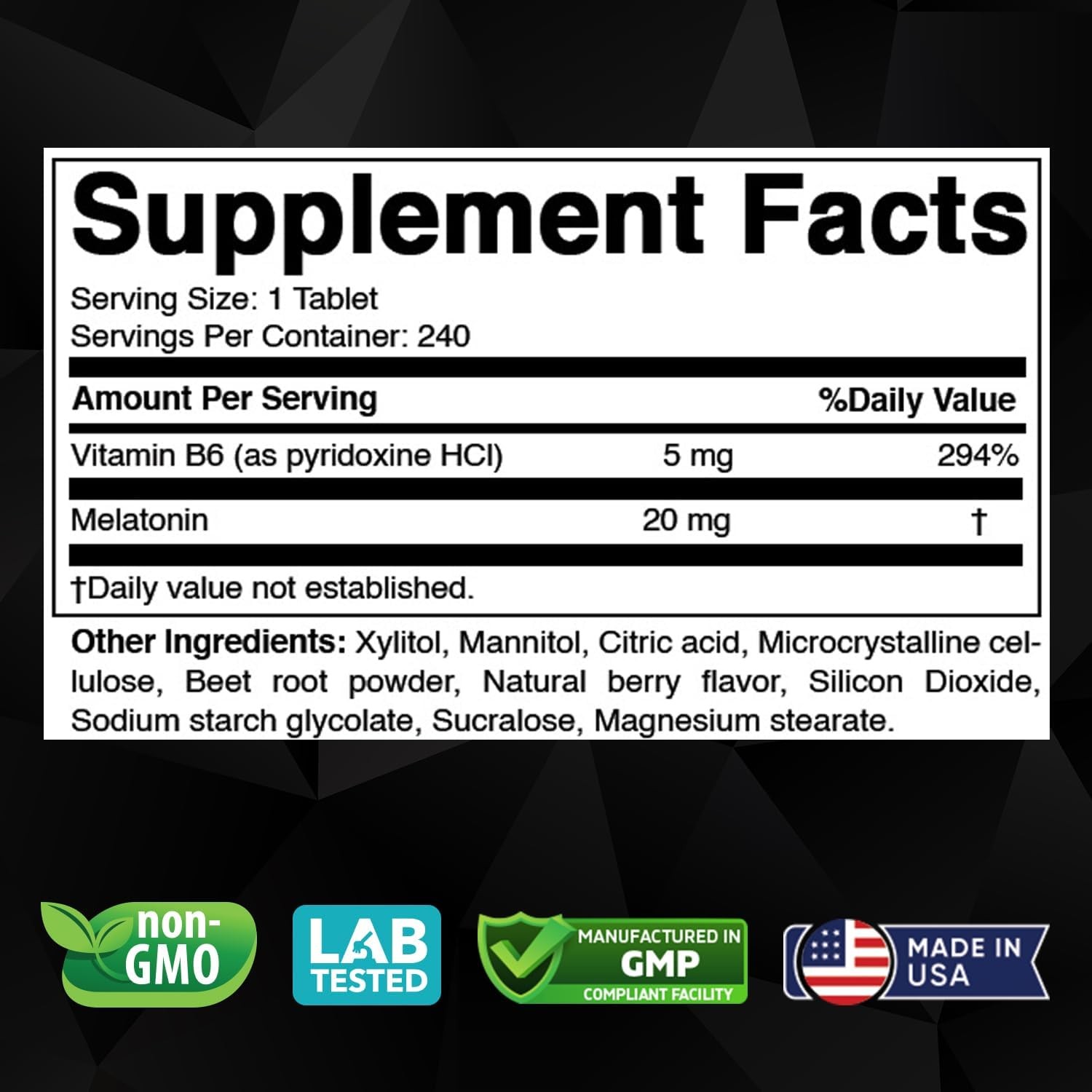 Melatonin 20mg High Potency Natural Sleep Aid Berry Flavor 240 Fast Dissolve TAB