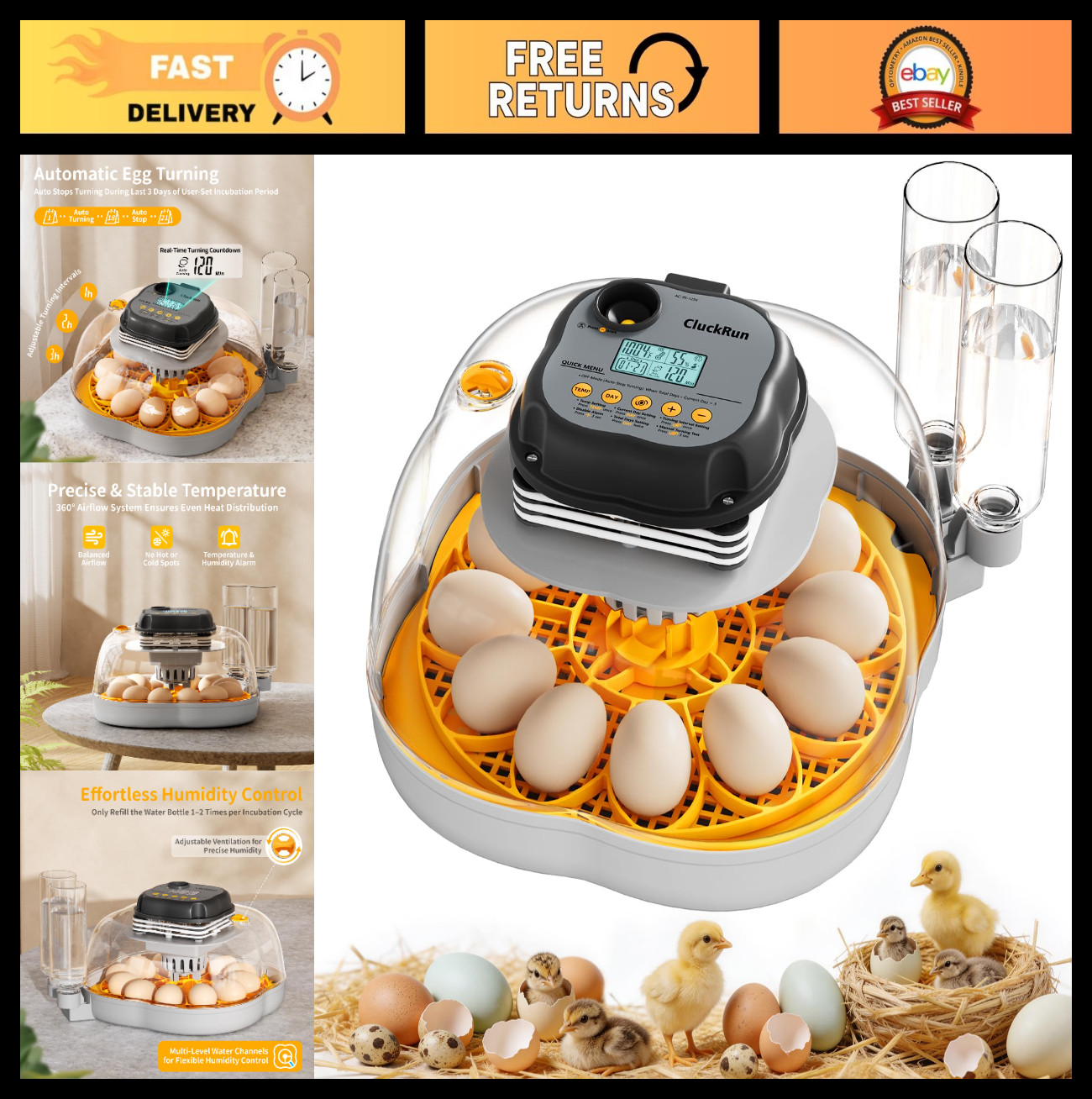 12 Egg Incubator for Chicken & Quail - Automatic Turning, Egg Candler, Clear Vie