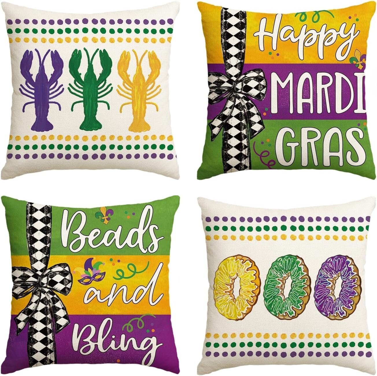 4 Pcs Avoin Colorlife Sofa Couch Throw Pillow Case Happy Mardi Gras Beads Bling