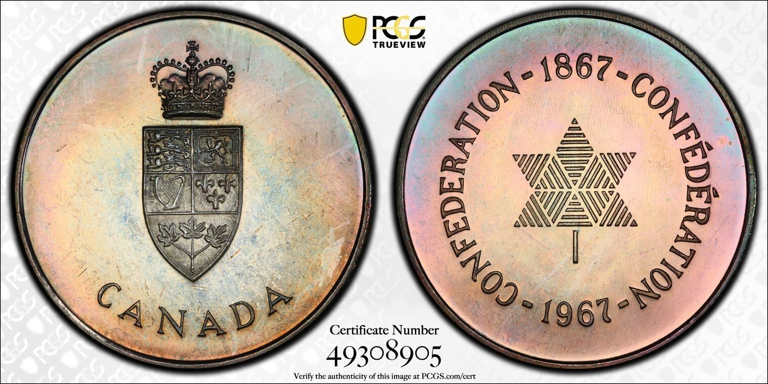 PL64 1967 Canada Silver Centennial Proof Medal, PCGS Trueview- Rainbow Toned