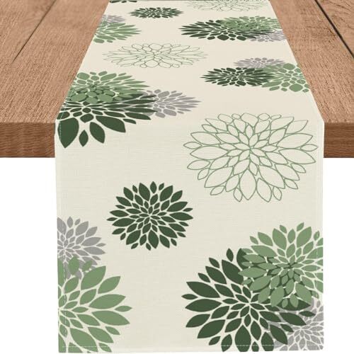 Sage Green Gray Table Runner Dahlia Pinnata Flower Beige Table Runners Modern
