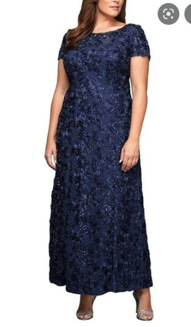 NWT Alex Evenings Short Sleeve Lace Sequin Rosette A-Line Gown Navy Dress Sz 14W