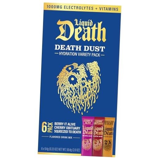 Liquid Death Electrolyte Death Dust, Berry It Alive, Cherry Obituary &