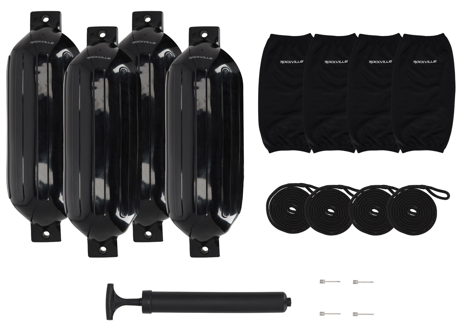 Rockville FEN410-BLACK Boat Fender Package 4 Bumpers 10"x30", 4 Covers, 4 Lines