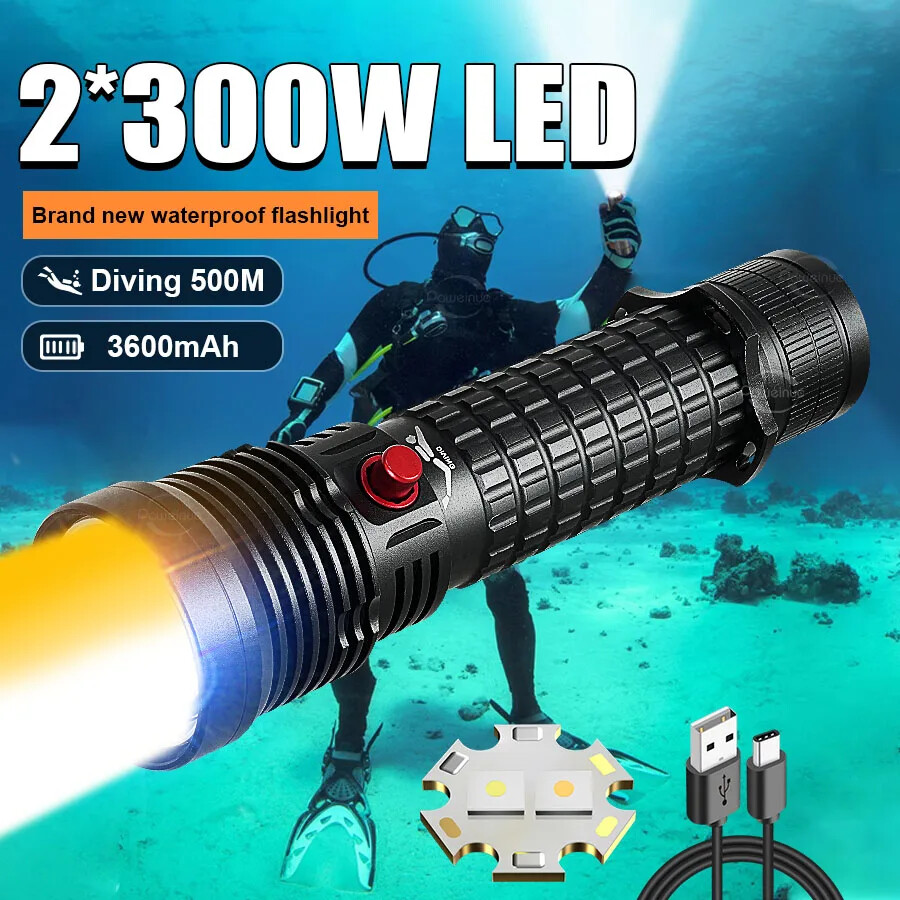 Super 2*300W LED Professional Diving Flashlight Underwater Scuba Diving Torch