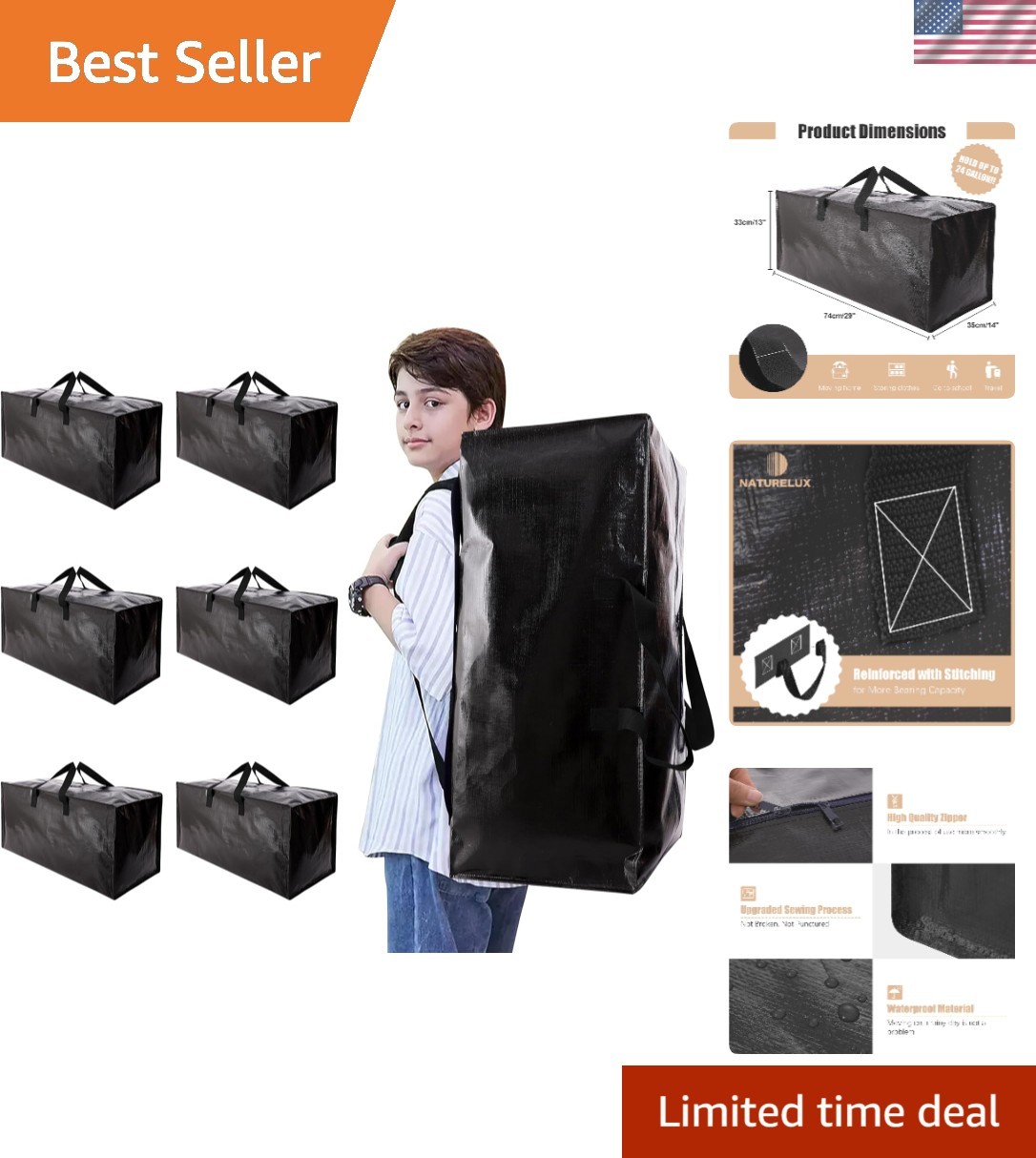 Heavy-Duty Moving Bags with Backpack Straps - 6 Pack, Extra-Large Capacity