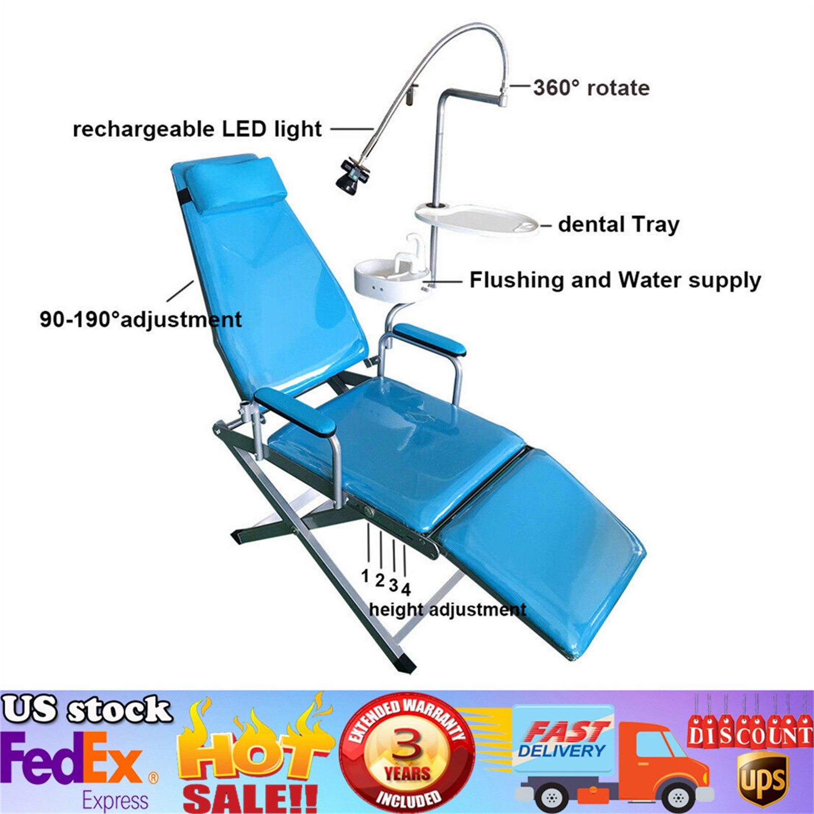 Dental Folding Chair Unit LED Light Headrest Basin Tray Mobile Equip Portable