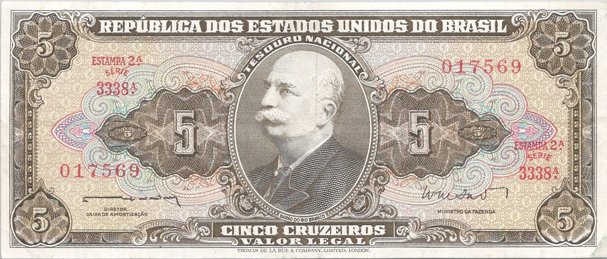 Brazil 5 Cruzeiros Vintage Paper Money Banknote Currency Note VF