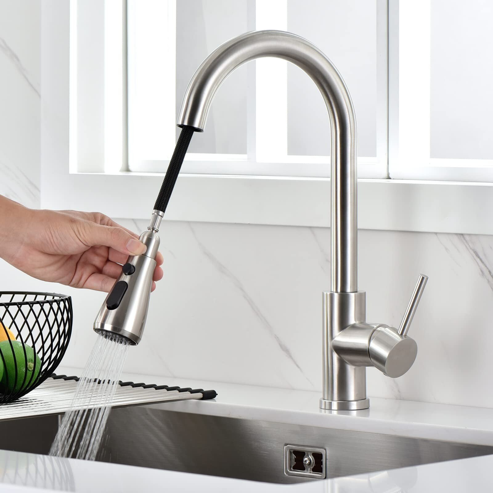 KAYNLESS Kitchen Faucet with Pull Down Sprayer, Brushed Pull Out Kitchen Faucet