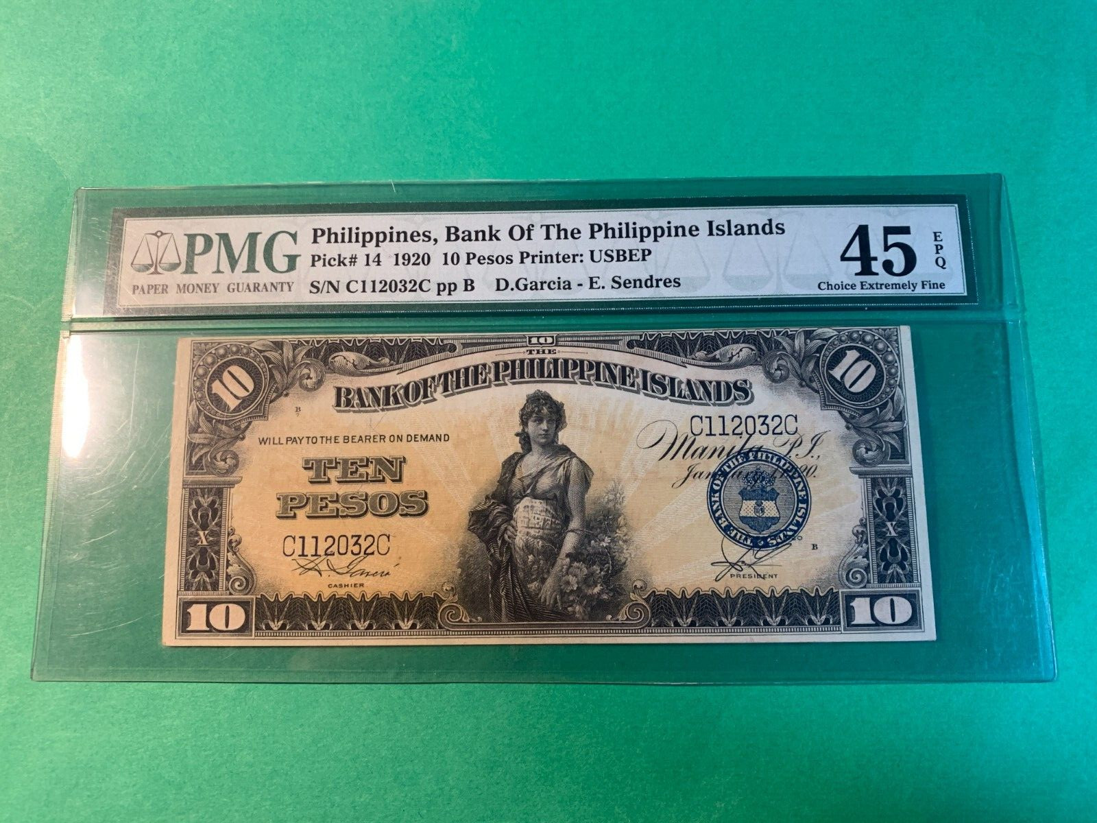1920 10 PESO BANK OF THE PHILIPPINES ISLANDS C112032C P-14 PMG CHOICE XF 45 EPQ