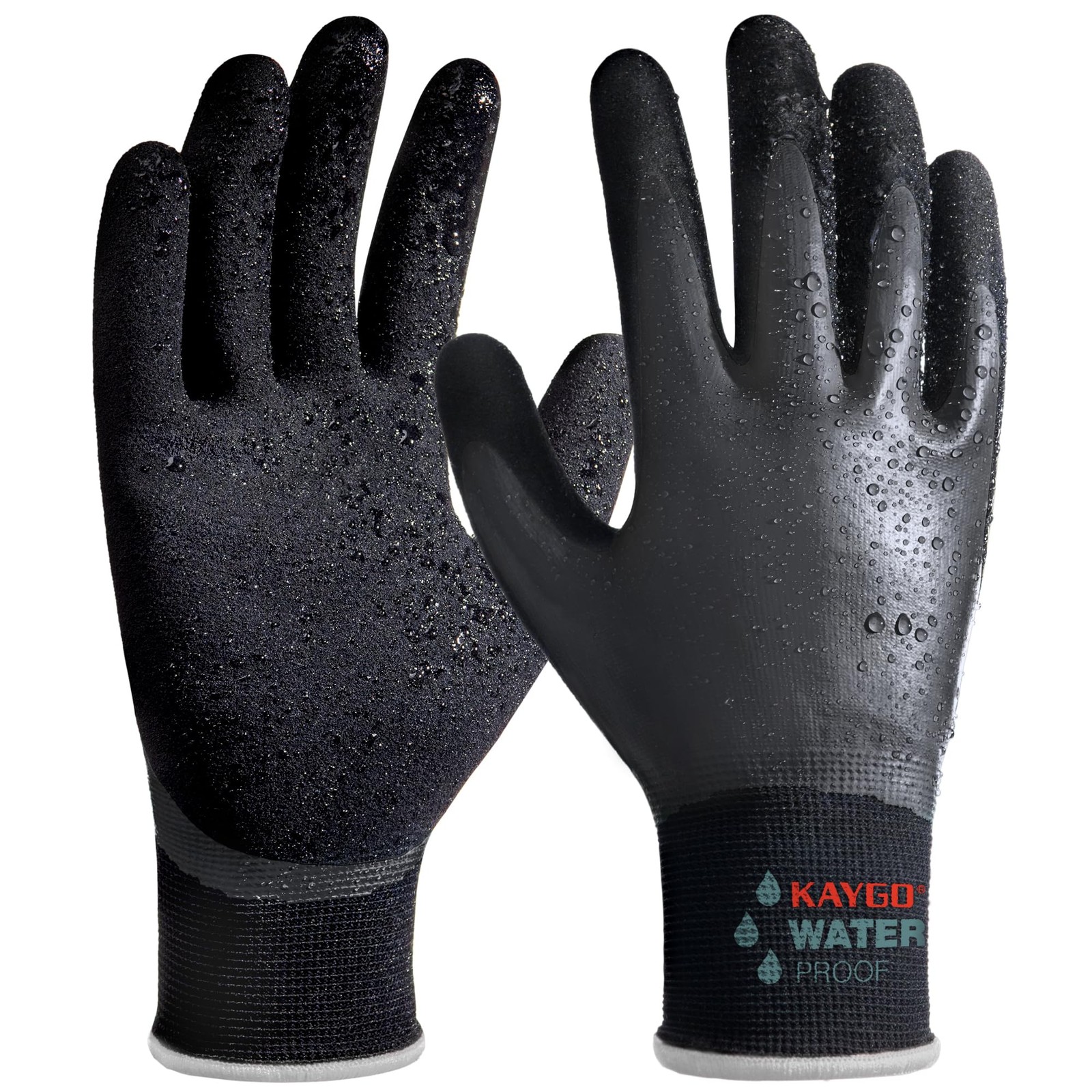 KAYGO Waterproof Work Gloves, Non-Slip Double Latex Coated, X-Large, Black