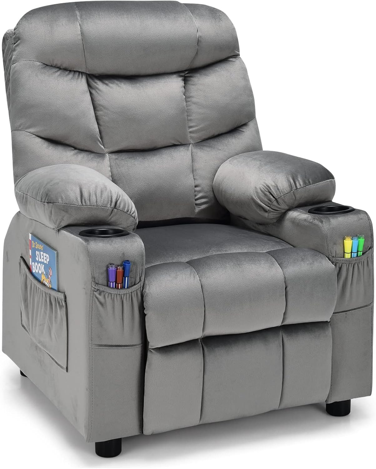 Adjustable Kids Recliner Chair with Cup Holders & Footrest - Grey Velvet