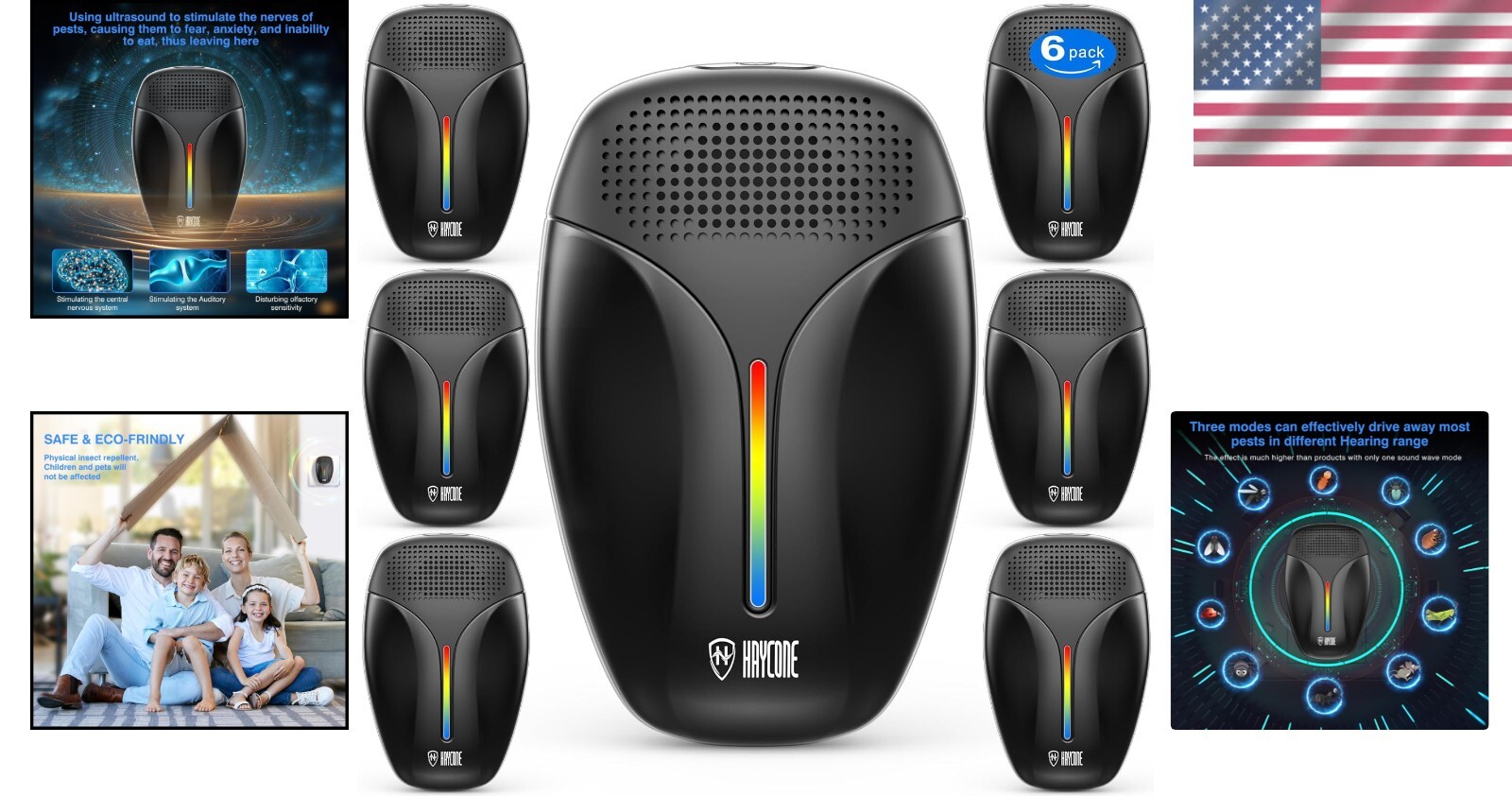 Upgraded Ultrasonic Insect Repeller - 3 Modes for Roaches, Mice & More (6 Pack)