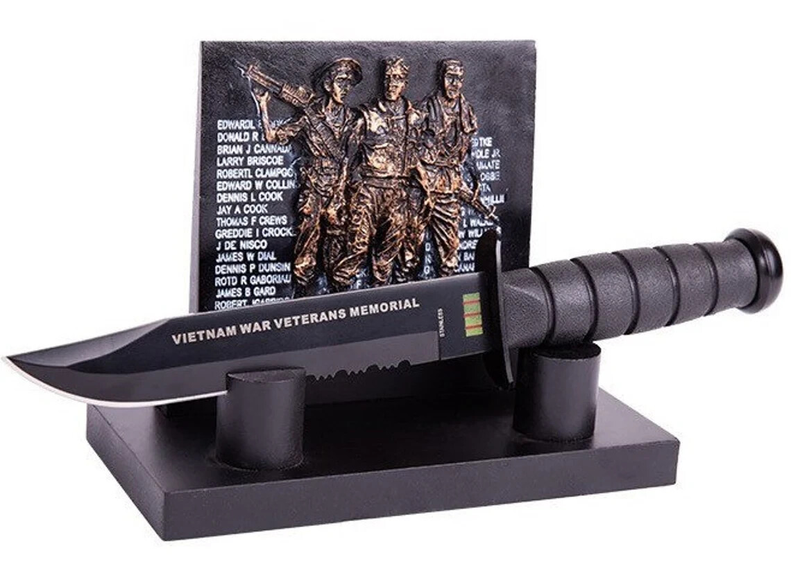 11.75" Vietnam Veterans War Memorial Knife with a Plaque and wooden Stand