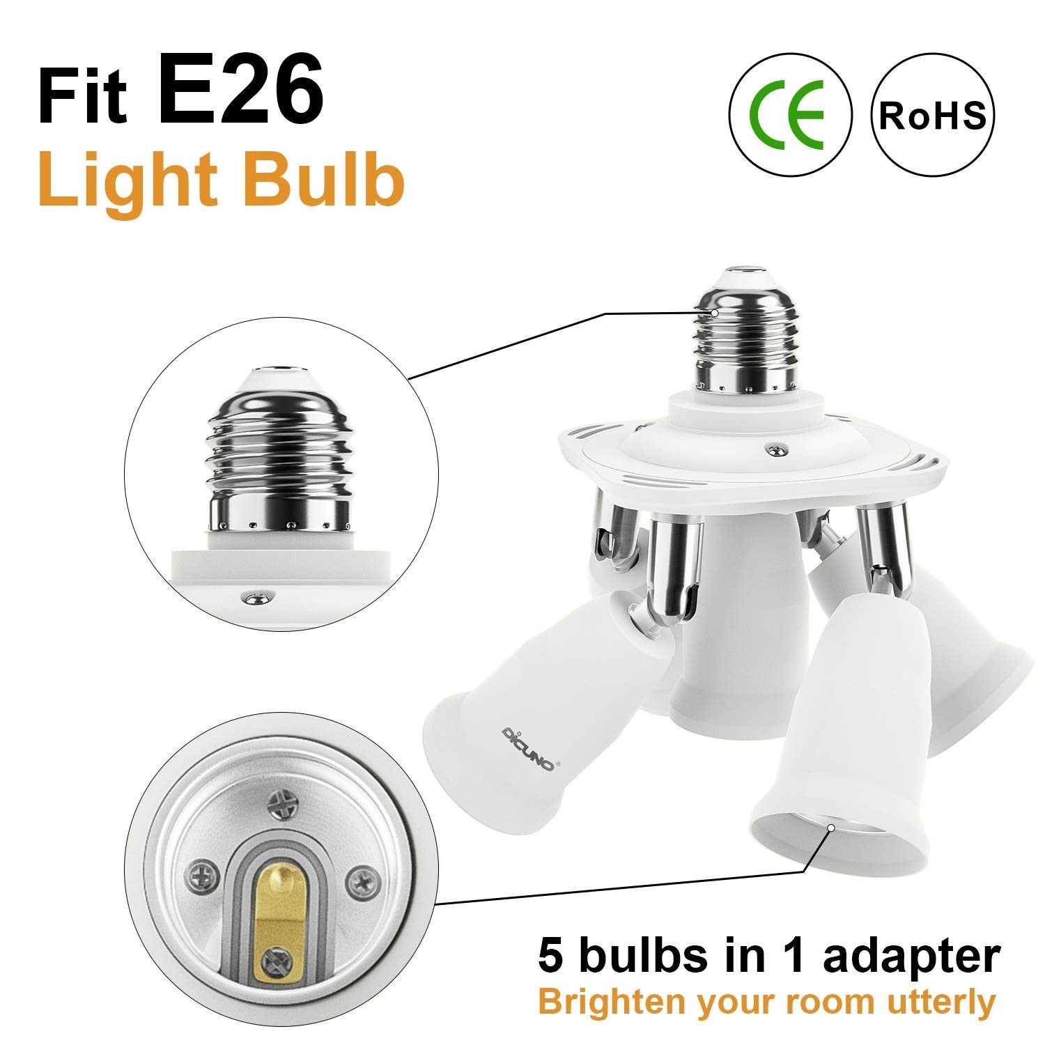 5 in 1 E26 Light Socket Splitter Adapter for LED Bulbs, Adjustable, 300W