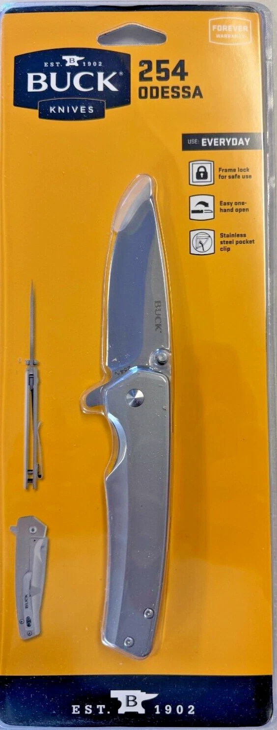 Buck 254 Odessa Manual Folding Knife Stainless Handle Pocket Clip 0254SSS-C