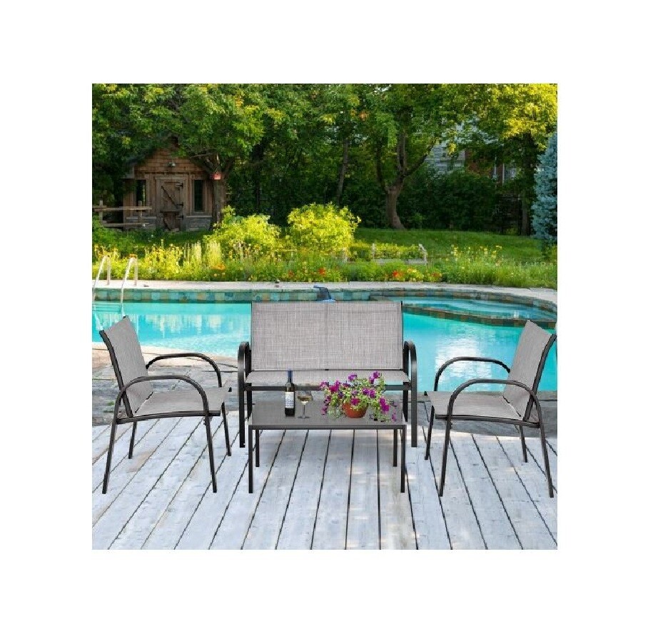 Gray 4 Pc Patio Conversation Set w/ Glass Top Coffee Table 2 Chairs Loveseat