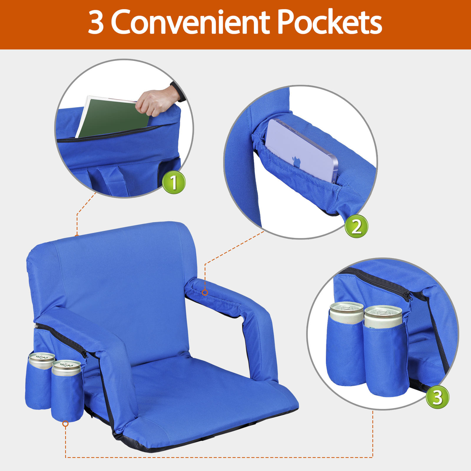 Wide Stadium Seat for Bleachers Reclining Chair w/Back,Arm Portable Cushion Blue