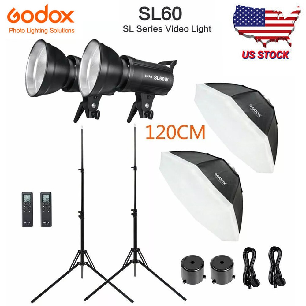 US 2*Godox SL-60W 5600K LED Video Light Continious Lamp+120CM Softbox Stand Kit