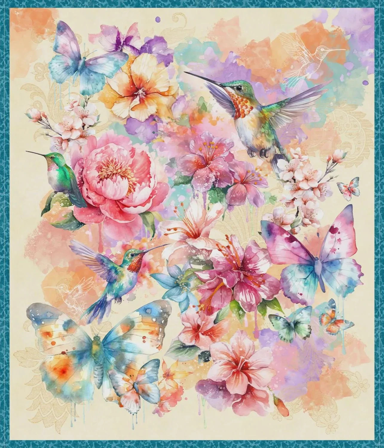 Flight of Fancy ~ 35" x 44" ~ Hummingbird and Floral Fabric Panel