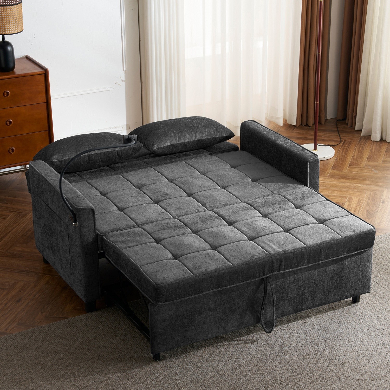 56.9'' Convertible Sleeper Sofa Bed Loveseat Sofa w/ Pull Out Bed & USB Ports