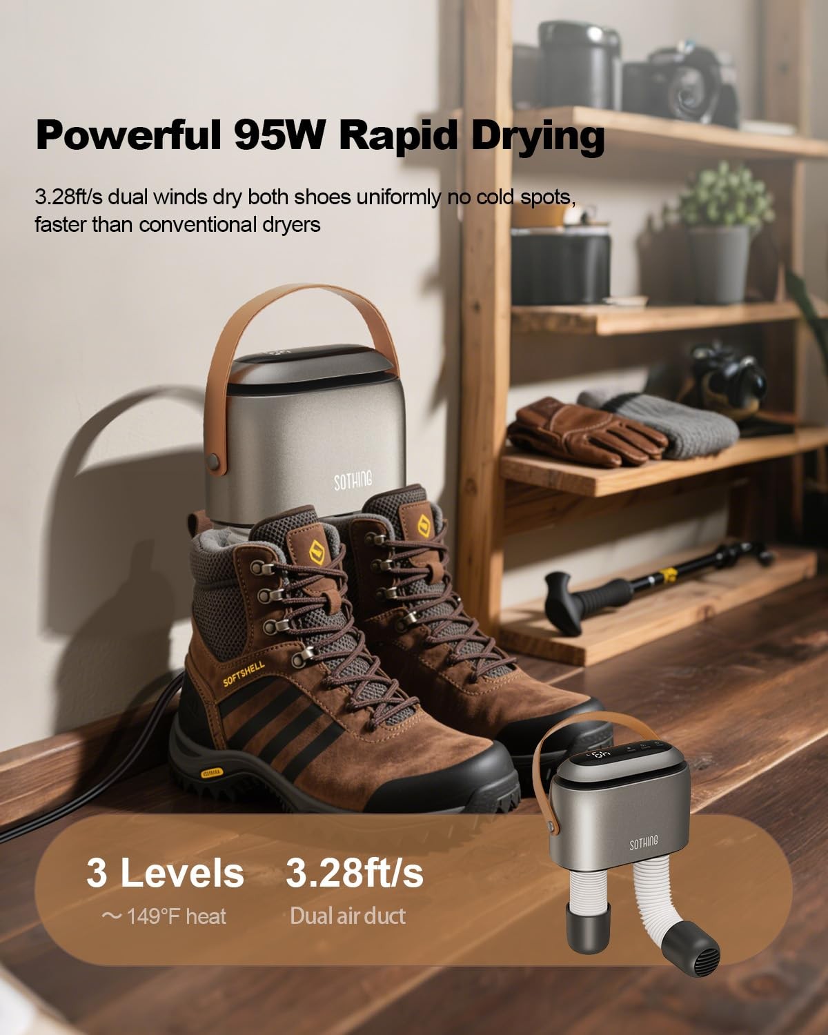 Portable Boot Shoe Dryer with Ozone Deodorizer, 95W, 3 Heat Levels, Timer