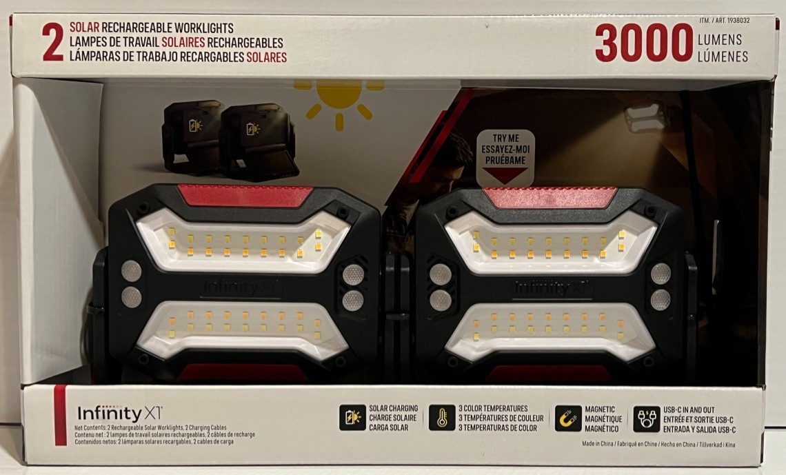 Infinity X1 Solar Rechargeable Worklights - 3000 Lumens - 2-pack - 1938032 - NEW