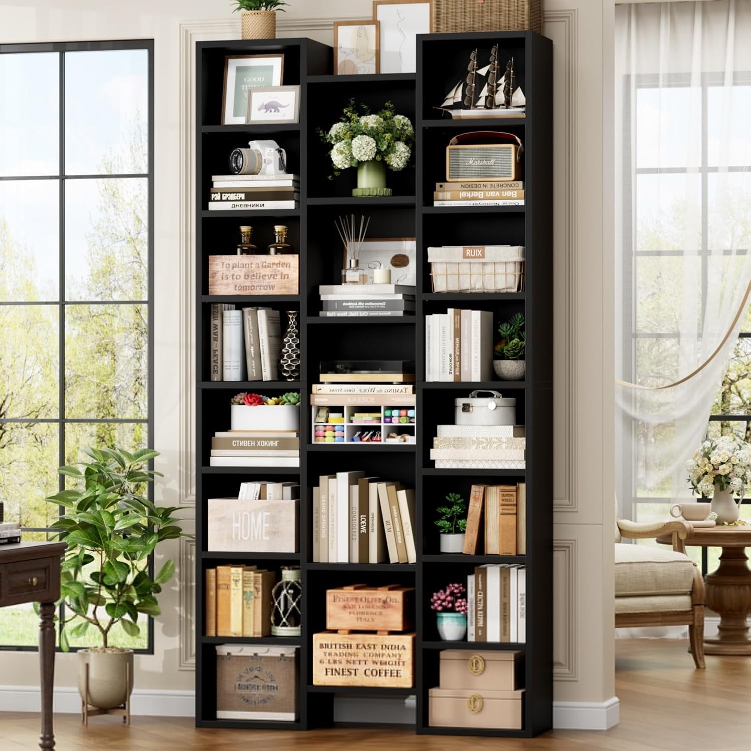71'' Tall Bookshelf W/ 21 Cubes 8 Tier Triple Wide Black W/ 8 Shelves