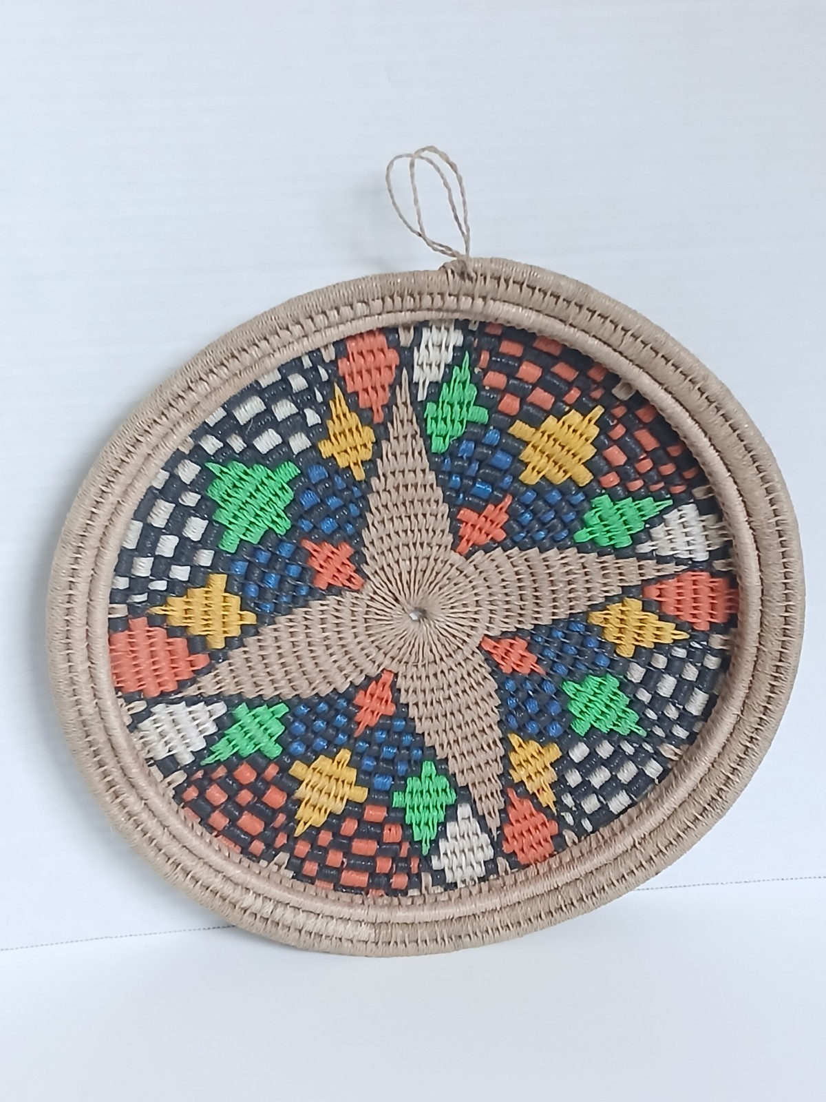 Woven Basket Wall Decor Colorful Handmade Flat Round Hanging Natural