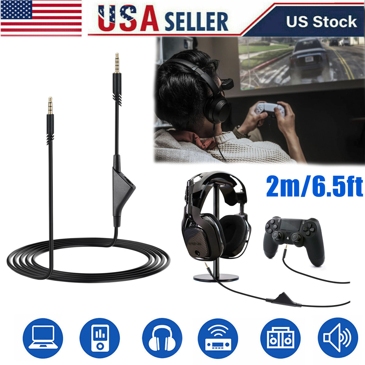 2M Replacement Audio Cable Cord Volume Control for Astro A40 A30 PS5 Xbox Gaming