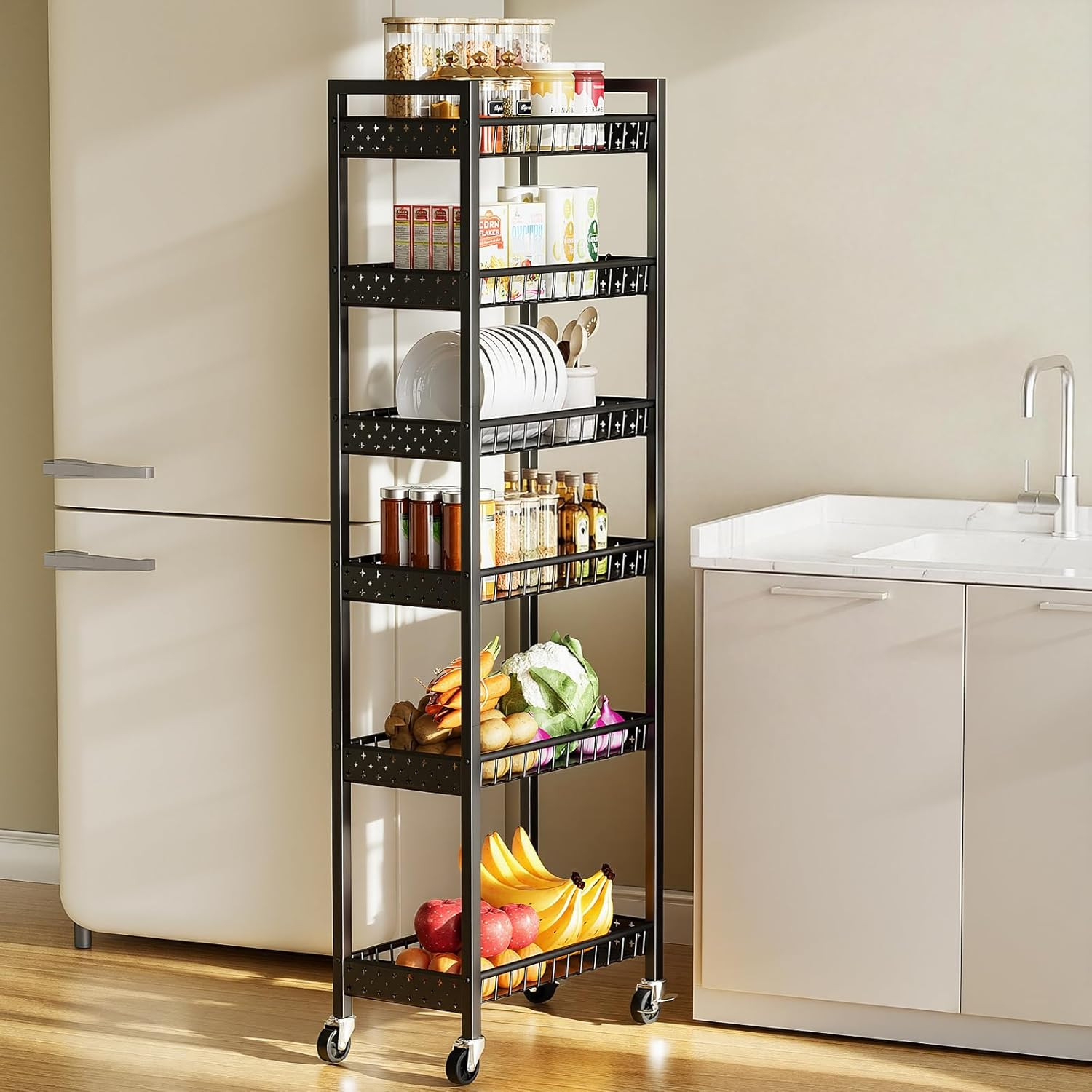 6 Tier Slim Storage Cart, Narrow Rolling Cart with Wheels, Narrow Mobile Utility