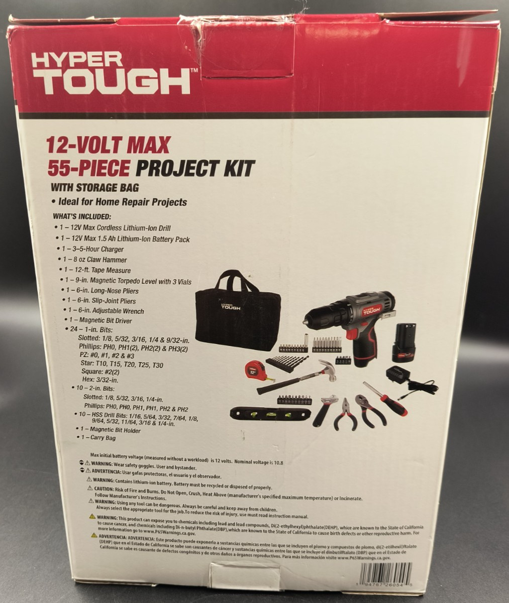Hyper Tough 12v Max Lithium-Ion Cordless Drill 3/8" Keyless 56-Piece Project Kit