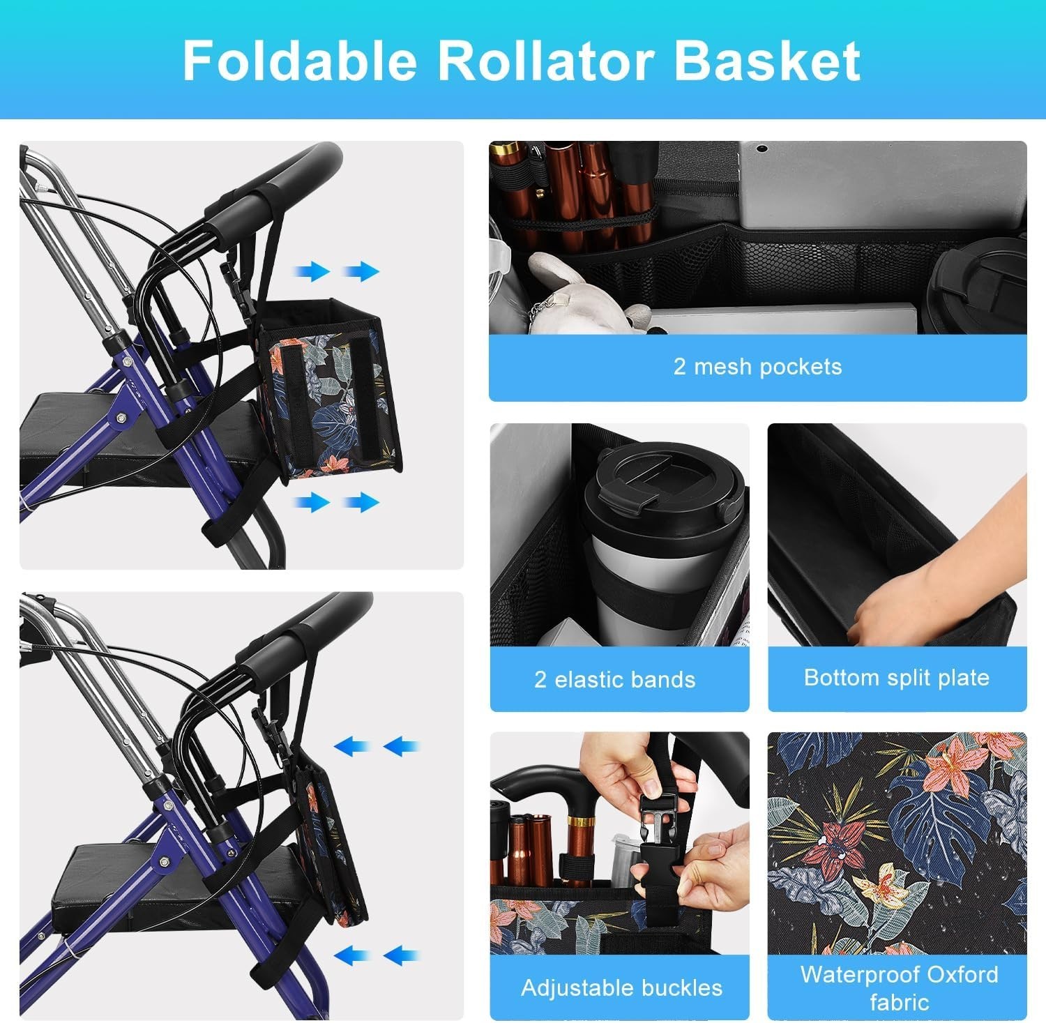 Rollator Basket, Rollator Walker Bag w/Cup Holder, Foldable Rolling Walker Wa...