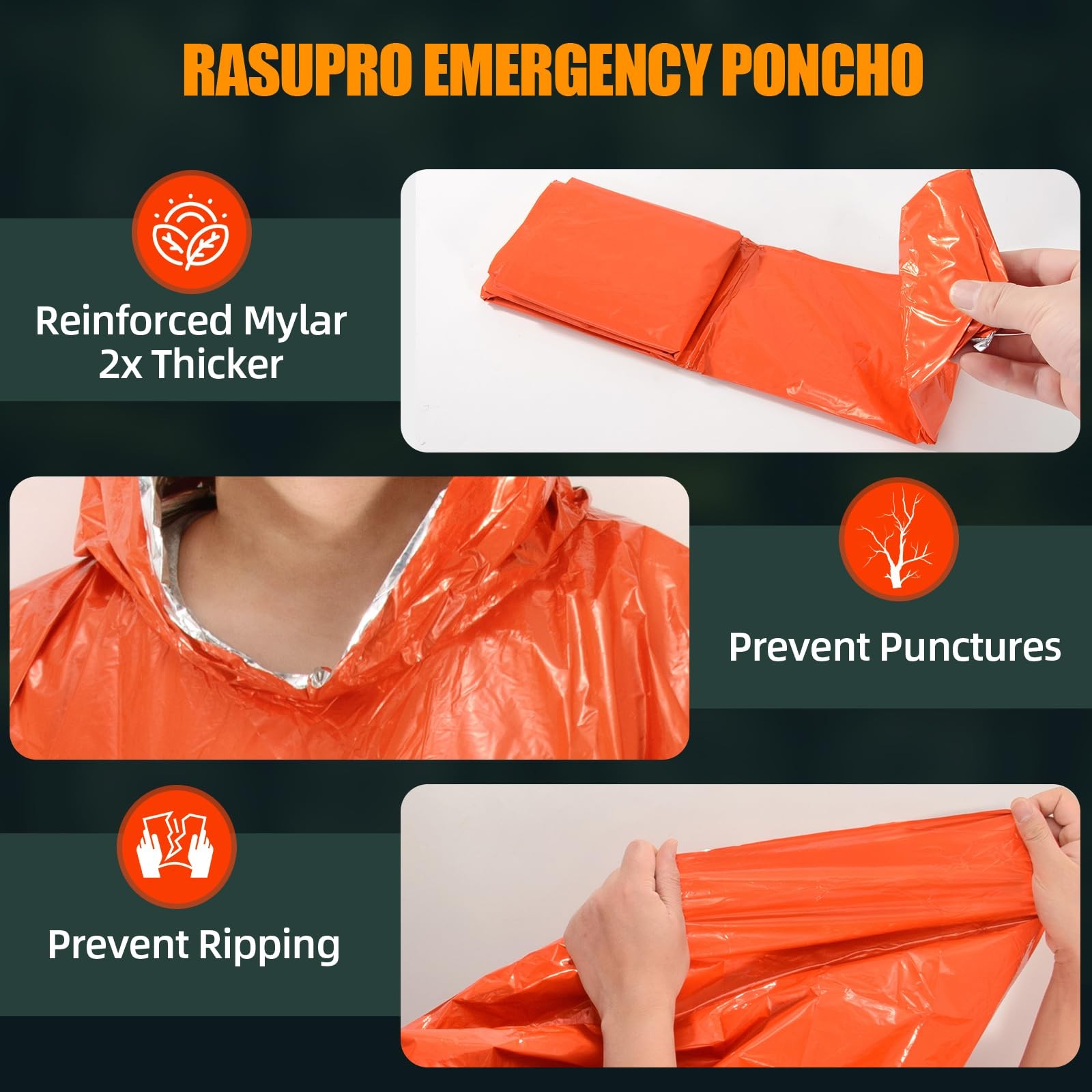 4 Pack Emergency Ponchos with Thickened Mylar Blanket Lining, Windproof, Wate...