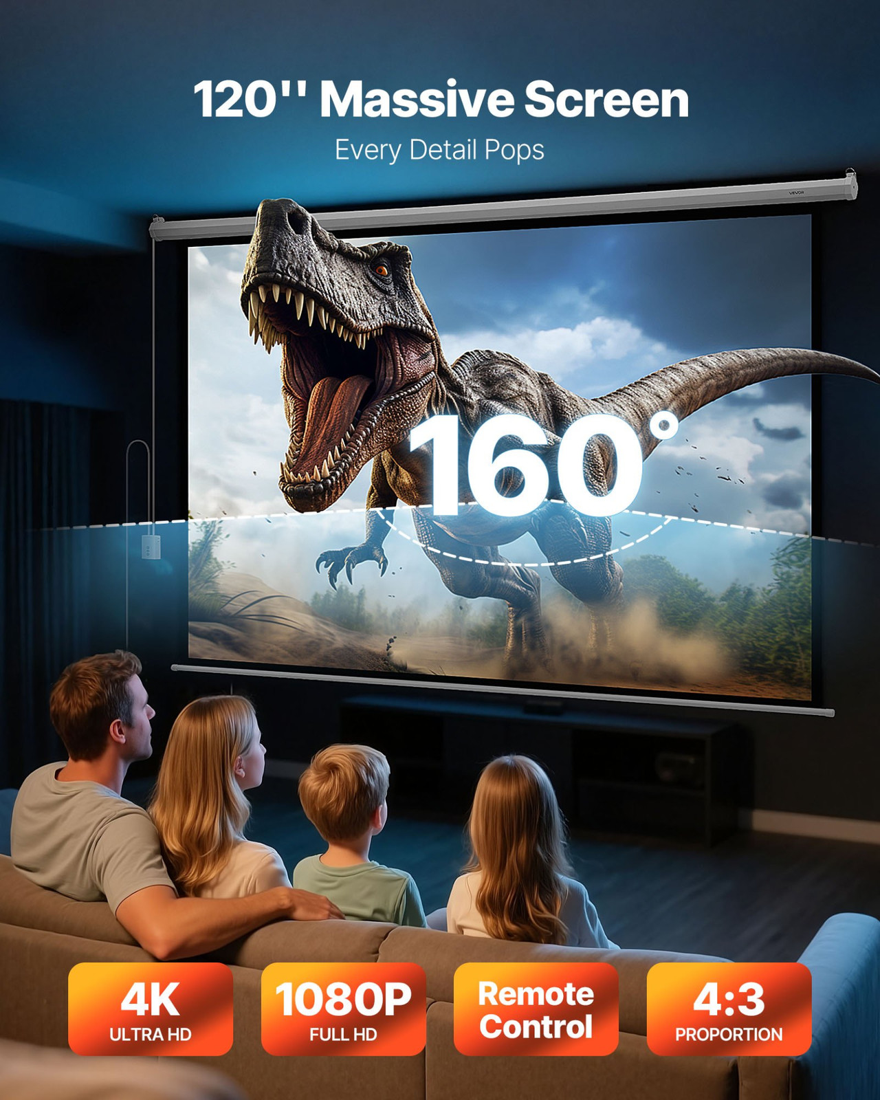 120" Motorized Projector Screen 4:3 HD Electric Wall Mount w/ Remote Theater