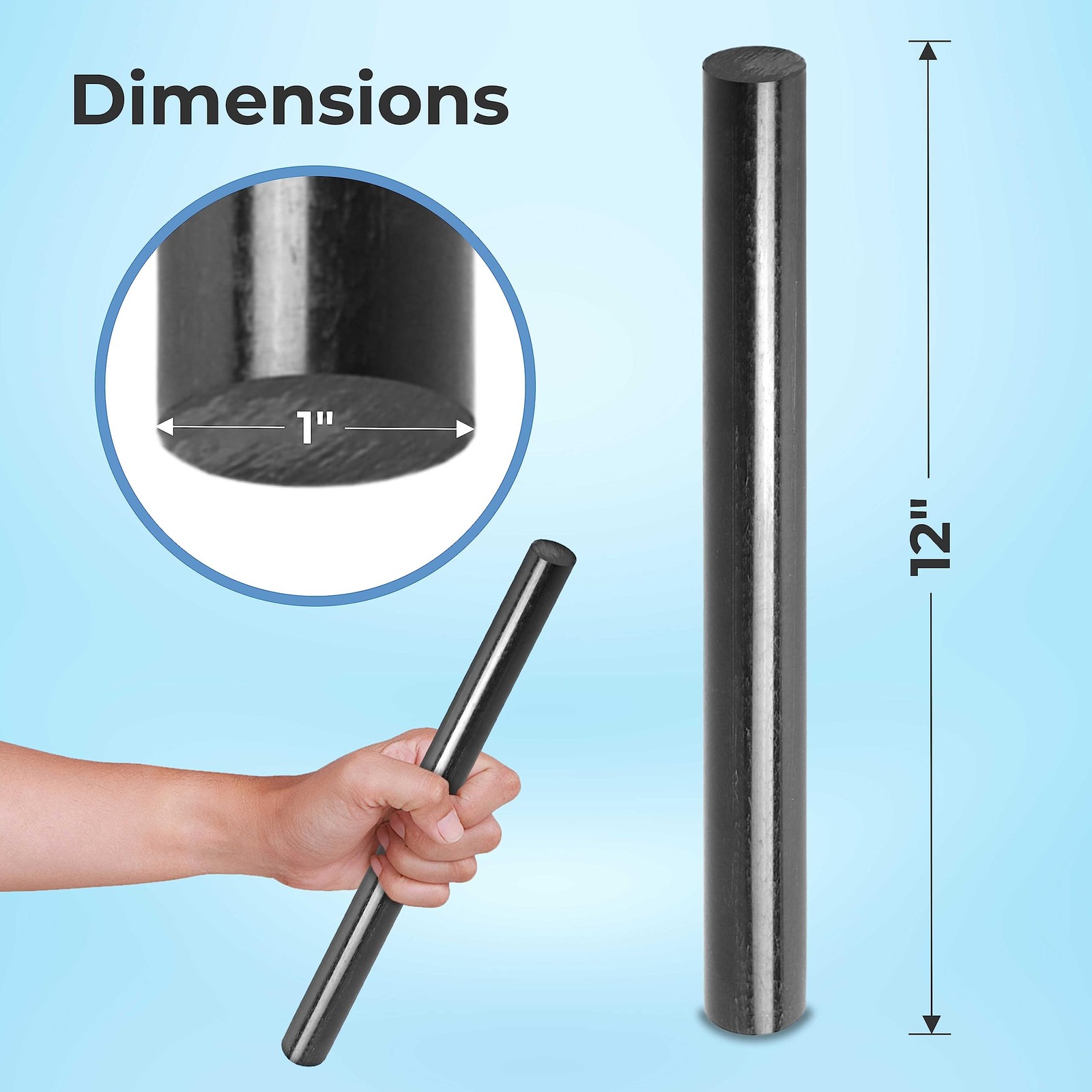 Calvana (2 Pack) Round Acetal Copolymer Rods - Standard 1" x 12", Black