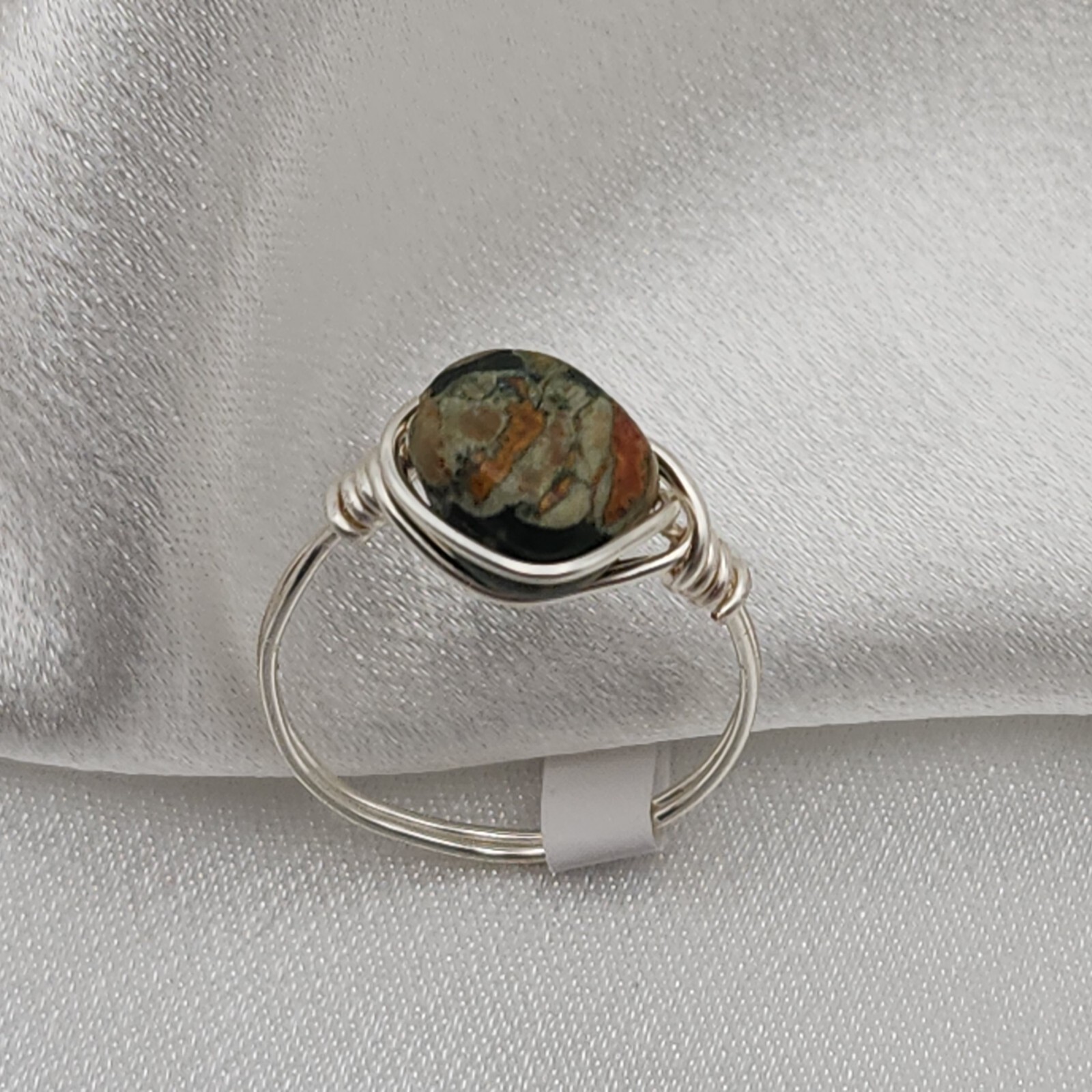 Wire Wrapped Moss Agate Stone Ring Size 8 - Rustic Handcrafted Minimal Jewelry