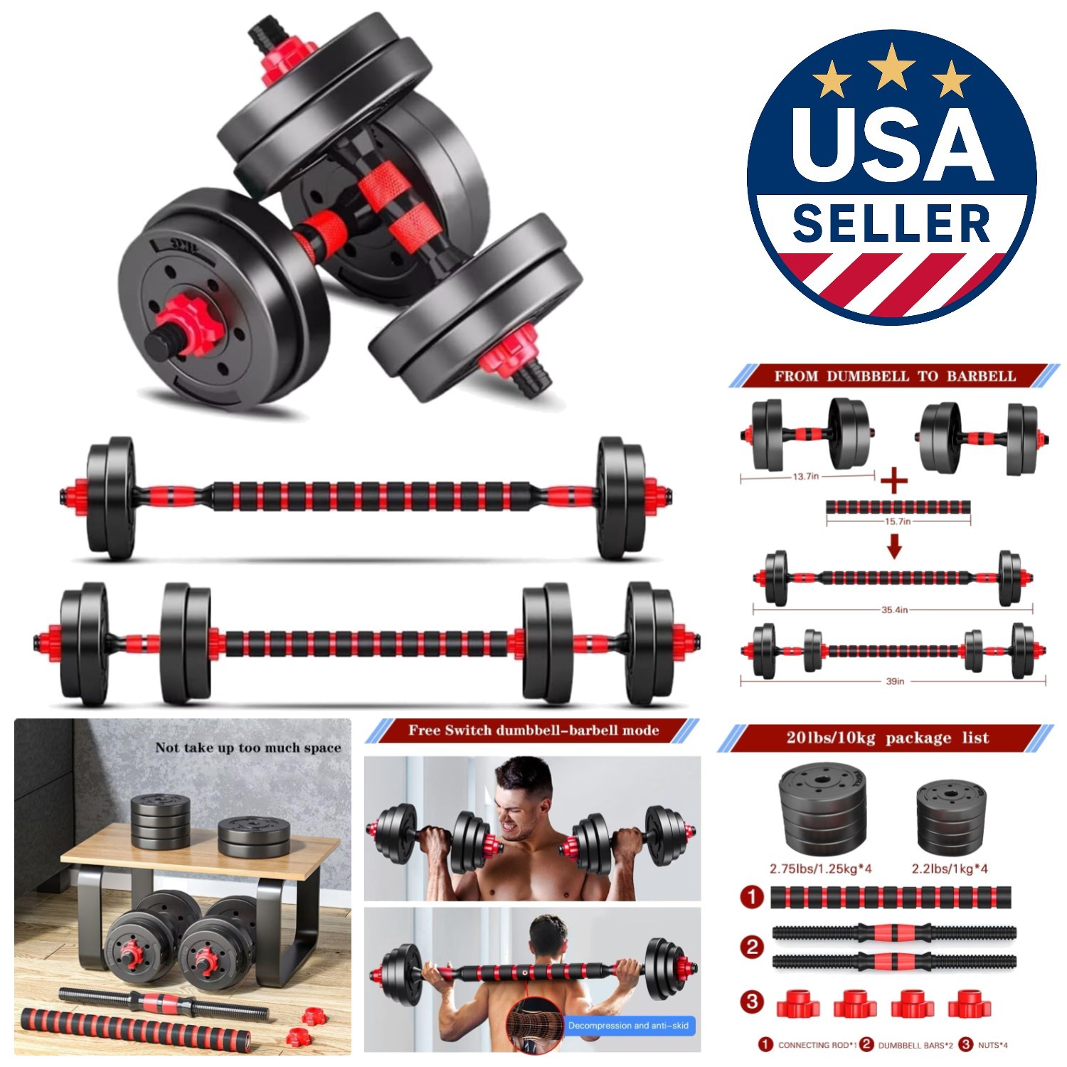 Convertible Dumbbell to Barbell Set - Space-Saving 20lb Weight Fitness Kit