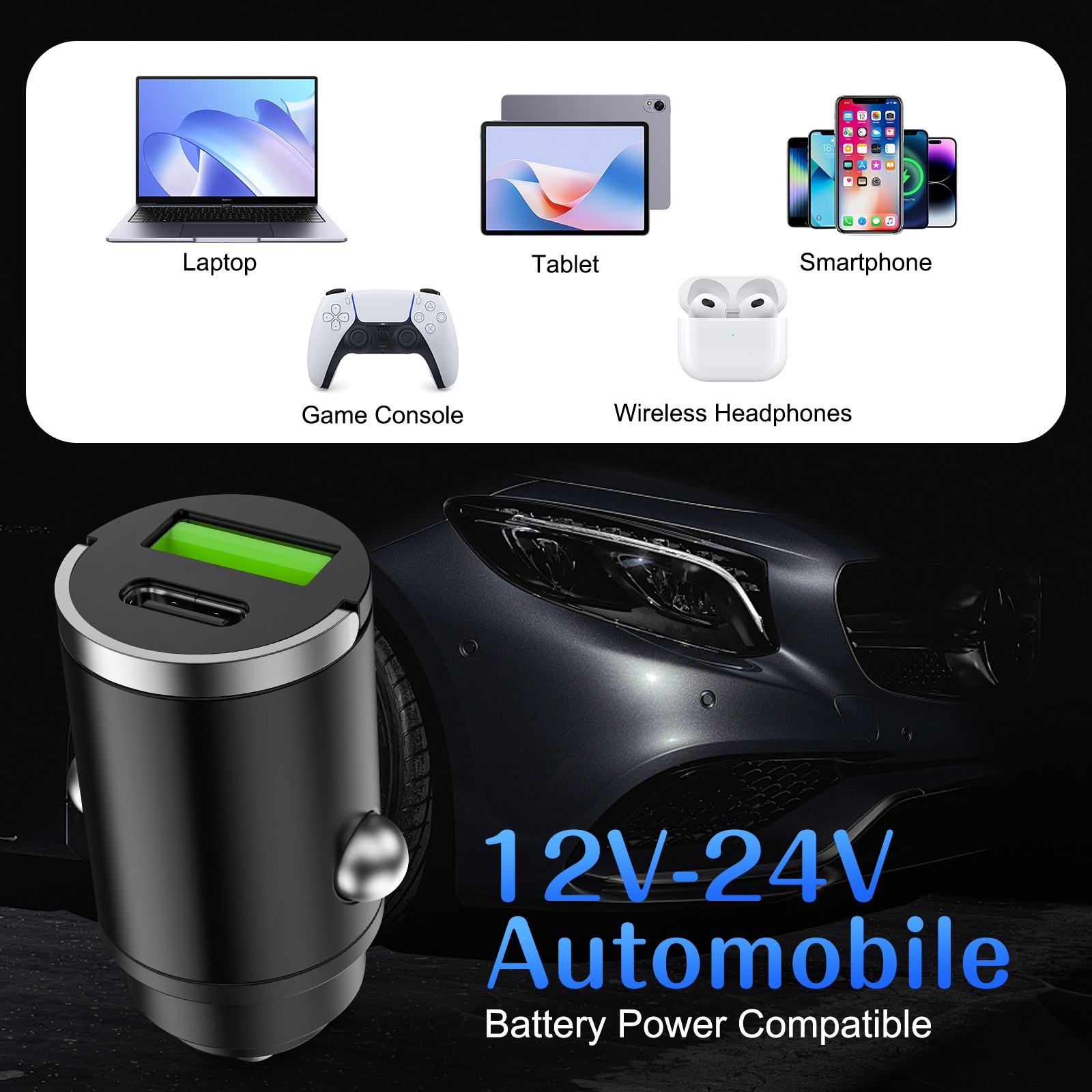 100W Super Fast Car Charger Dual Port USB C Car Charger Cigarette Adapter