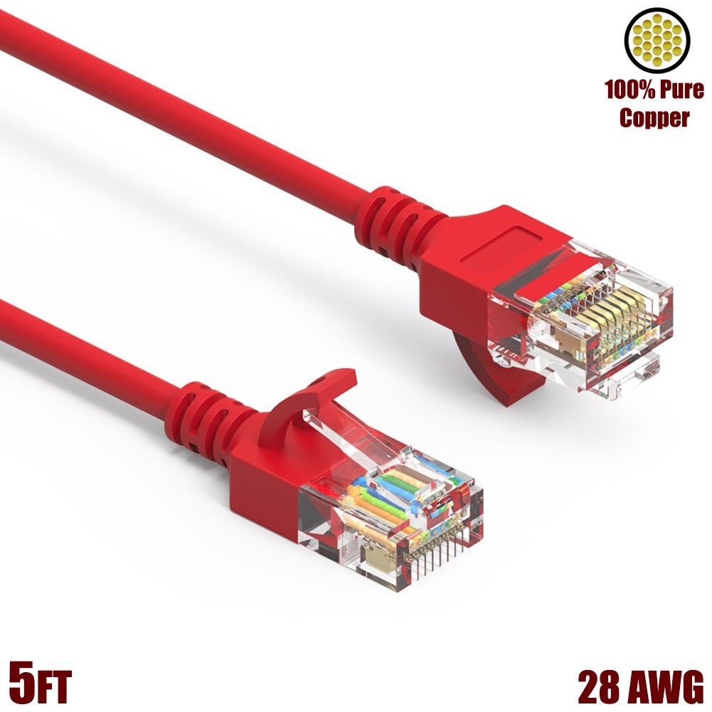 5FT Cat6A RJ45 SLIM Ethernet LAN Network UTP Patch Cable Gold 28AWG Copper Red
