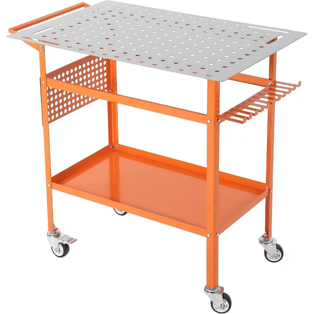 800LBS 36x24in Mobile Welding Table Steel Workbench with Storage Tray & Hooks