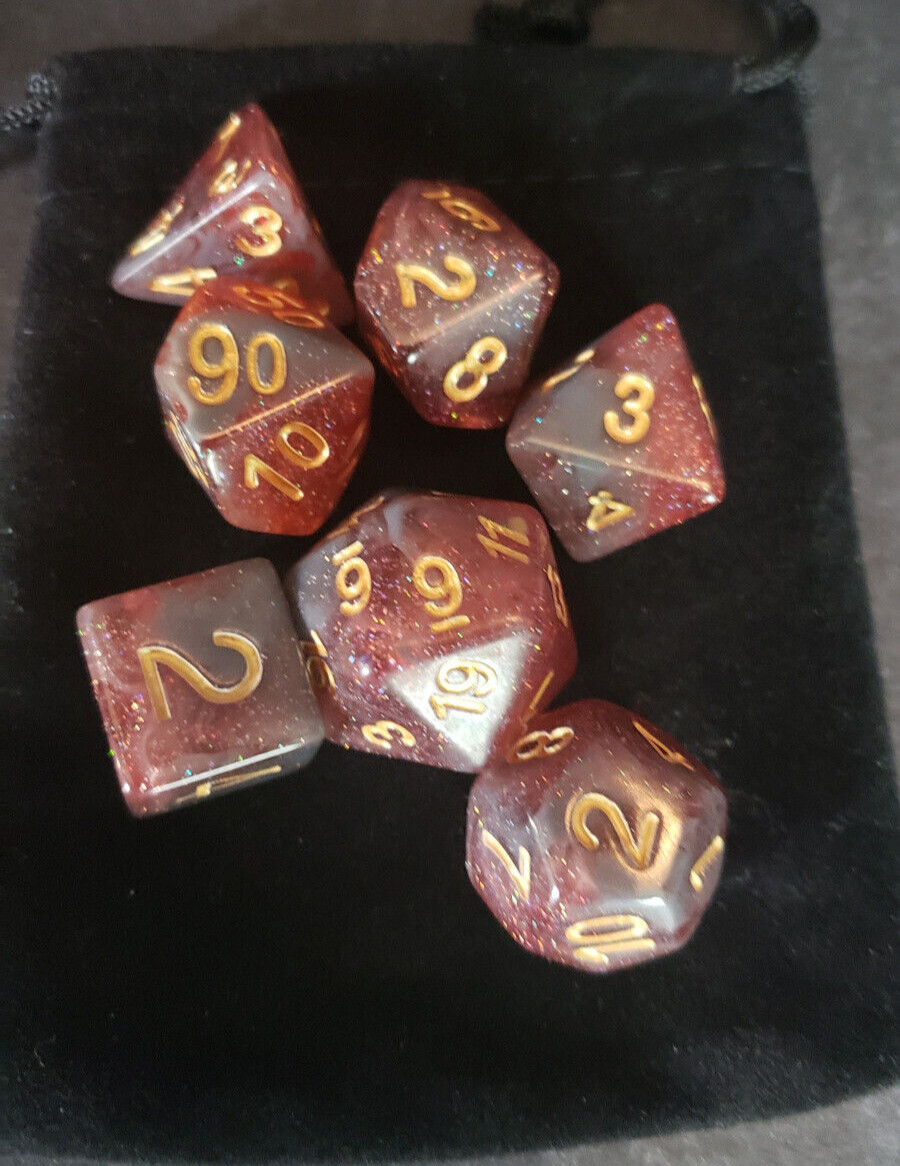 7 polyhedral dice set - Peach Sparkle with Gold Numbers