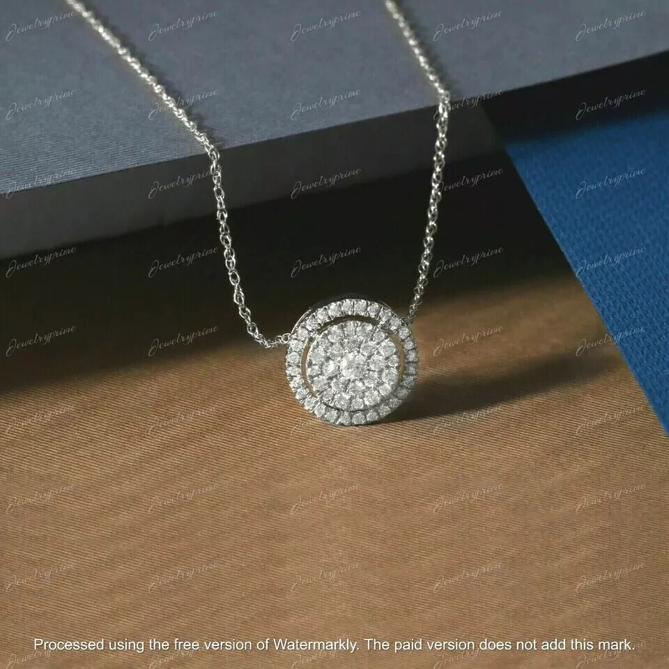 1Ct Lab Created Diamond Cluster Halo Pendant Free Chain 14K White Gold Finish